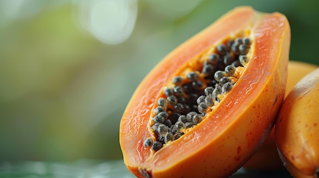 Closeup of halved papaya on green blurred background Tropical fruit summer banner with copy space