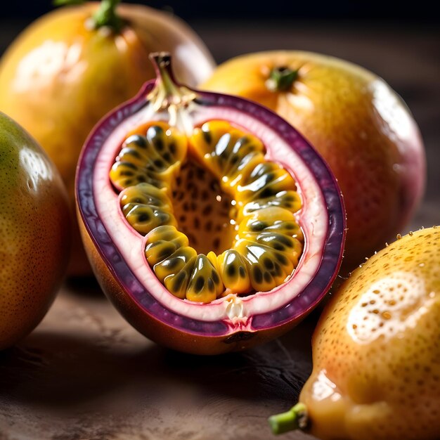 Photo a closeup of a halved passion fruit on a wooden surface surrounded by other tropical fruits such a