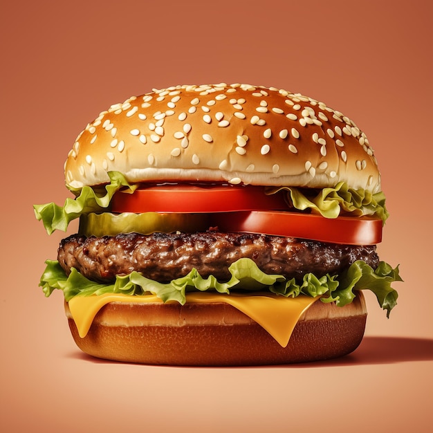 Closeup of a hamburger on a monochromatic background