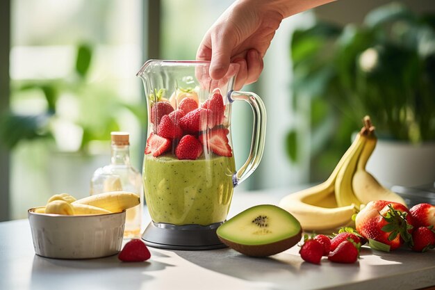 Photo closeup of a hand adding protein powder to the blender with strawberries and bananas