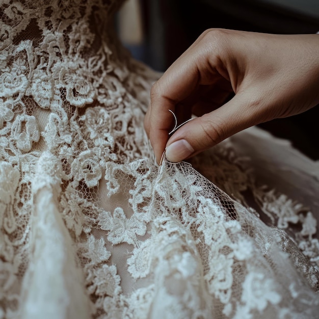 Closeup of a hand adjusting the lace detail on a wedding dress