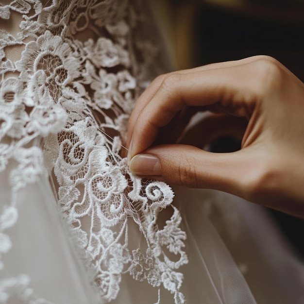 Closeup of a hand adjusting the lace detail on a white wedding dress