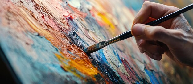 Photo closeup of a hand applying paint with a brush