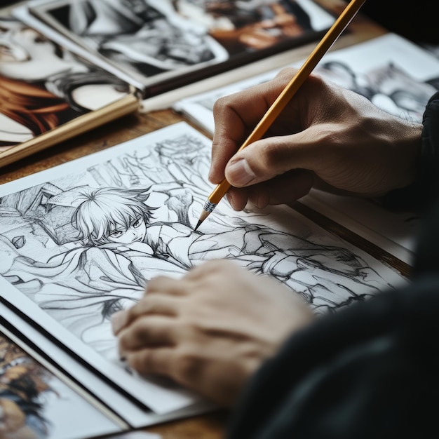 Closeup on hand An artist draws an anime comic in the studio