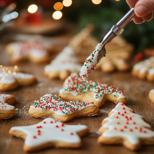 Photo closeup of a hand decorating christmas cookies with white icing and sprinkles on a wooden table