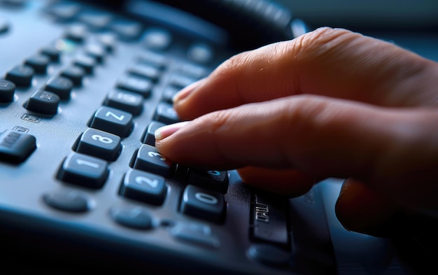 Photo closeup of a hand dialing a modern office telephone