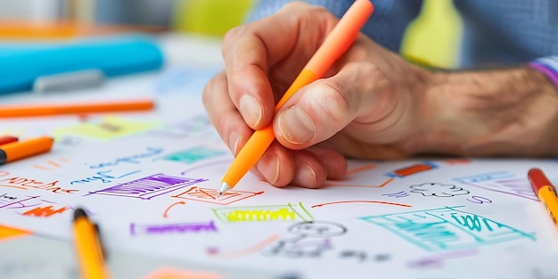 Photo closeup of hand drawing with orange marker on white paper illustration