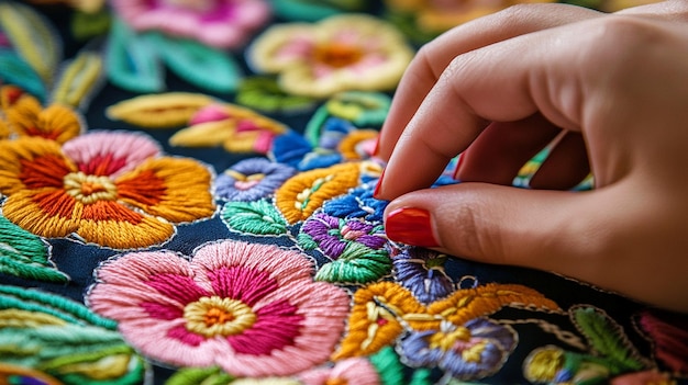 Photo closeup of hand embroidery with colorful threads for craft and design projects