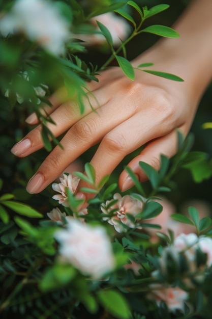 Photo a closeup of a hand gently touching delicate flowers in a lush green garden during a sunny afternoon