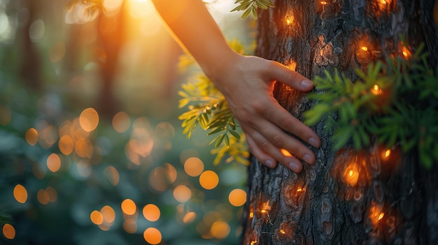 Photo closeup of a hand gently touching a tree trunk wrapped in fairy lights in a sunlit forest creating a magical atmosphere