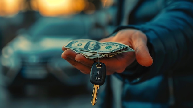 Closeup of a hand giving a car key and money symbolizing loan credit and financial transactions