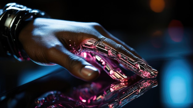 Closeup of hand glowing in humanoid robotic neon lights