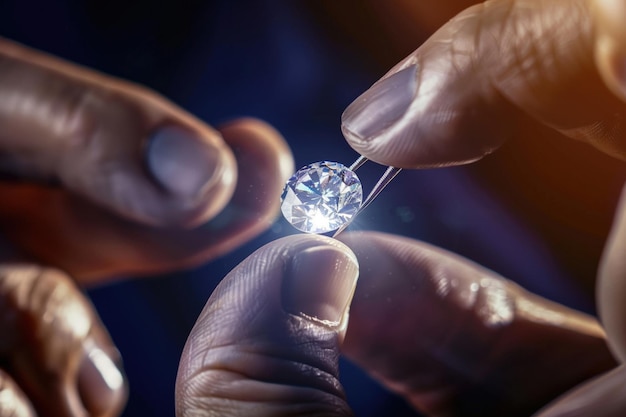 Closeup of a hand of a goldsmith who builds a precious jewel with valuable diamonds