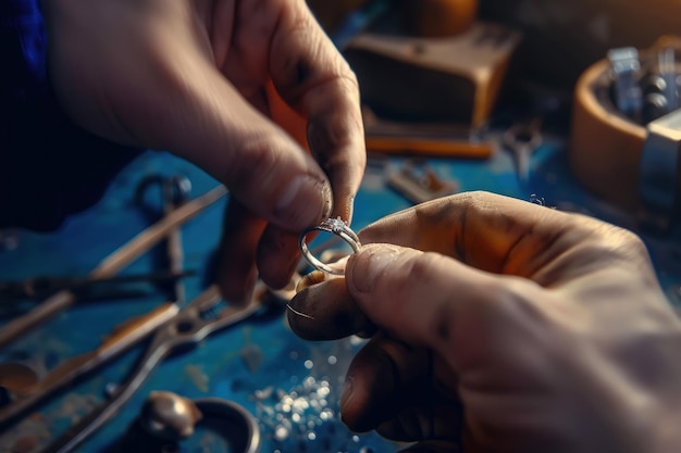 Closeup of a hand of a goldsmith who builds a precious jewel with valuable diamonds