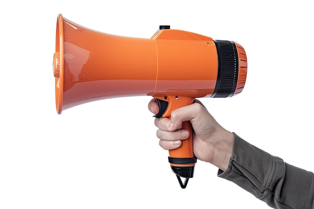 A closeup of a hand gripping a white megaphone against a isolated backdrop symbolizing communication and announcements