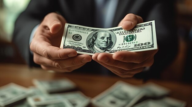 Closeup of a hand holding a 100 dollar bill with a blurred background of stacks of money