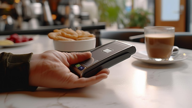 Photo closeup of a hand holding a black pos terminal on a white table