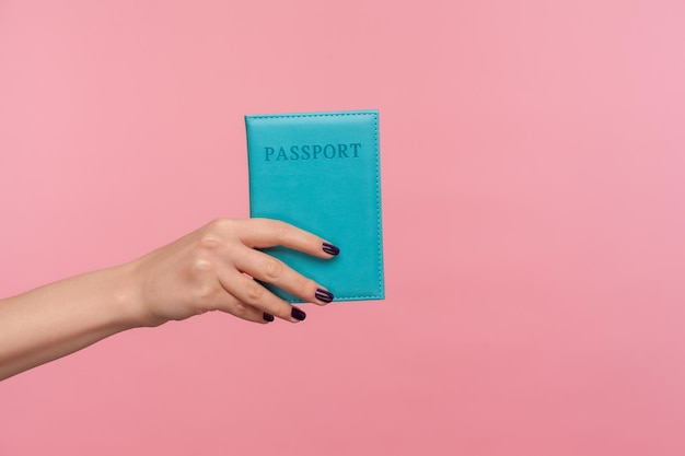 Closeup hand holding blue passport, concept of travelling, legal immigration, citizenship and identity, visa to foreign country for journey, trip. indoor studio shot isolated on pink background