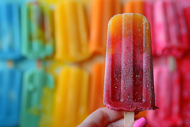 Closeup of a hand holding a colorful frozen popsicle with blurred background