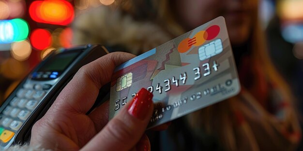 A closeup of a hand holding a credit card in a bustling urban environment at night