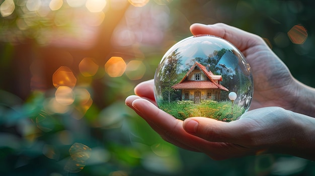 Closeup of hand holding crystal ball with home