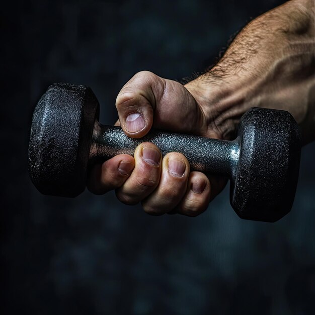 Photo closeup of a hand holding a dumbbell selective focus