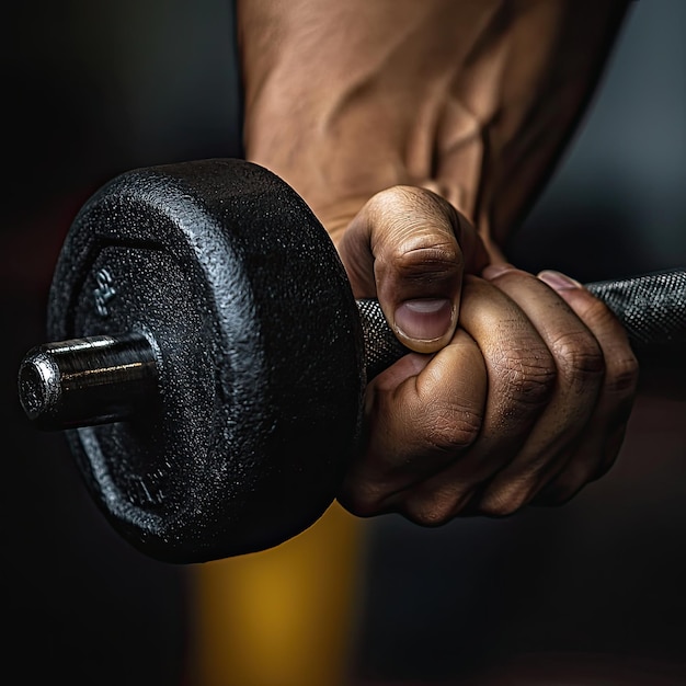 Photo closeup of a hand holding a dumbbell selective focus