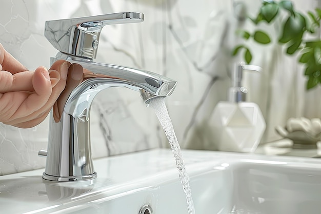 Closeup of hand holding faucet at home