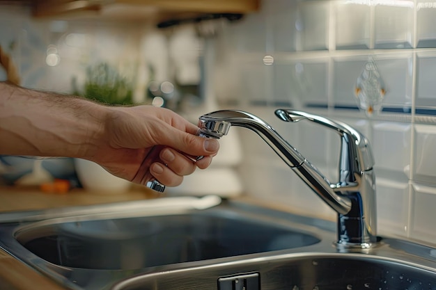 Closeup of hand holding faucet at home