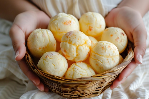 Photo closeup hand holding a fresh baked homemade brazilian cheese bread or pao de queijo