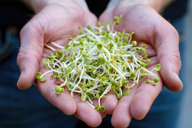 Photo closeup of a hand holding fresh green sprouts