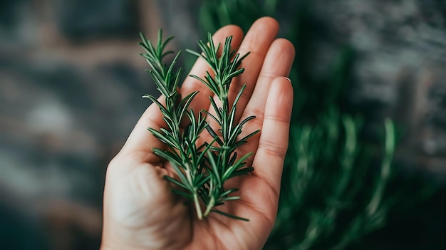 Photo closeup of hand holding fresh rosemary sprigs