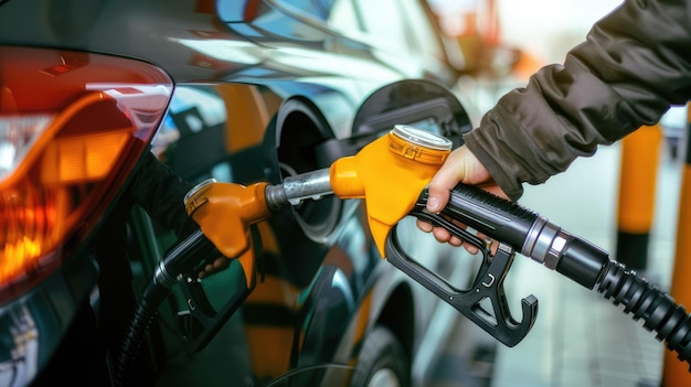 Photo closeup of a hand holding a gas pump nozzle filling a black car