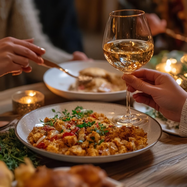 Photo a closeup of a hand holding a glass of white wine at a dinner table with a dish of stuffing