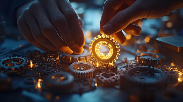 Photo closeup of a hand holding a glowing gear in a dimly lit workshop