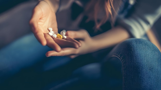 Photo closeup of a hand holding a handful of pills