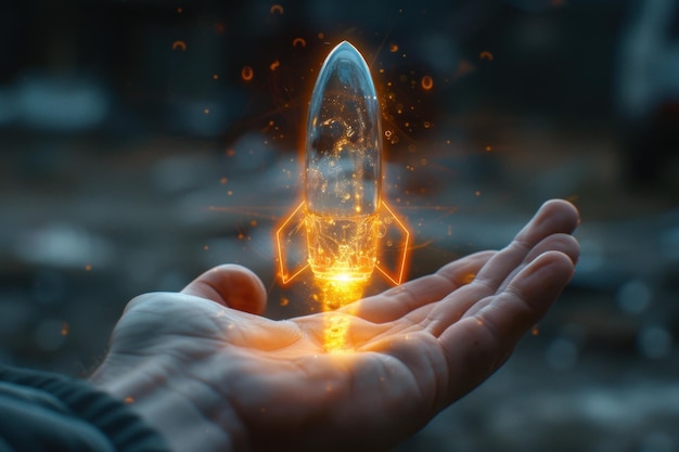 CloseUp of a Hand Holding a Holographic Rocketship