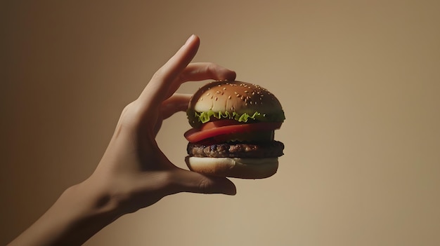 Photo closeup of a hand holding a juicy burger