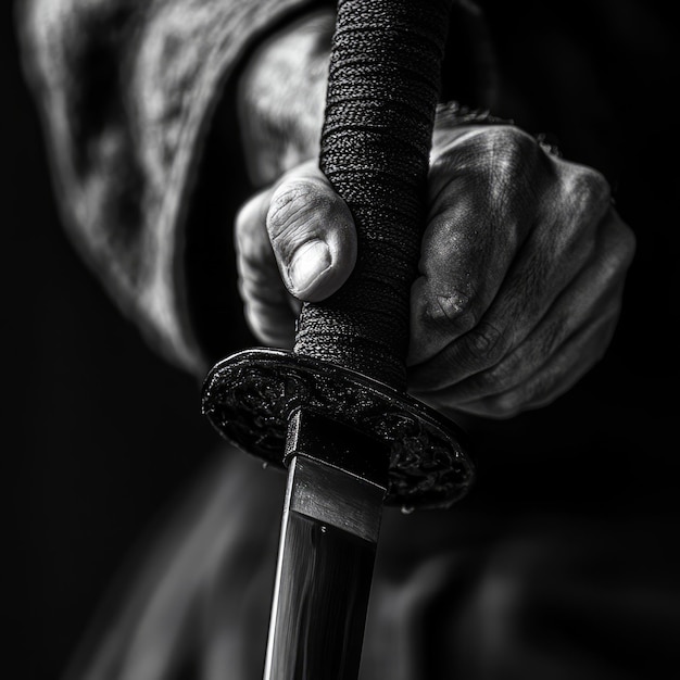 Photo closeup of a hand holding a katana sword