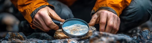 Photo closeup of a hand holding a magnifying glass over a rock photo