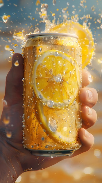 Closeup of hand holding misted can of lemonade with lemon slices