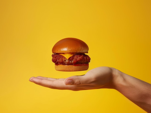 Photo a closeup of an hand holding out a hamburger against a yellow or red background with the burger39s b