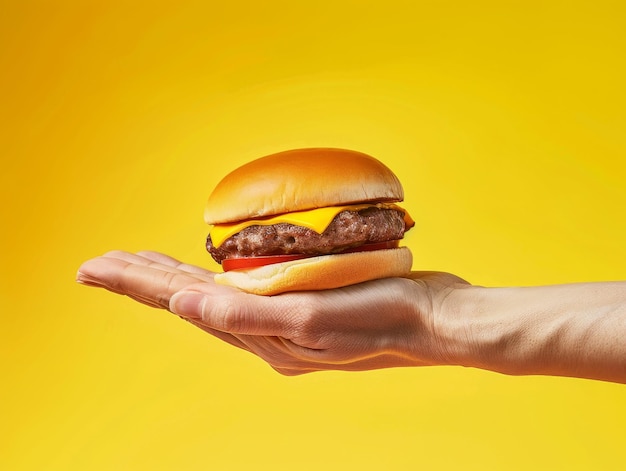 Photo a closeup of an hand holding out a hamburger against a yellow or red background with the burger39s b