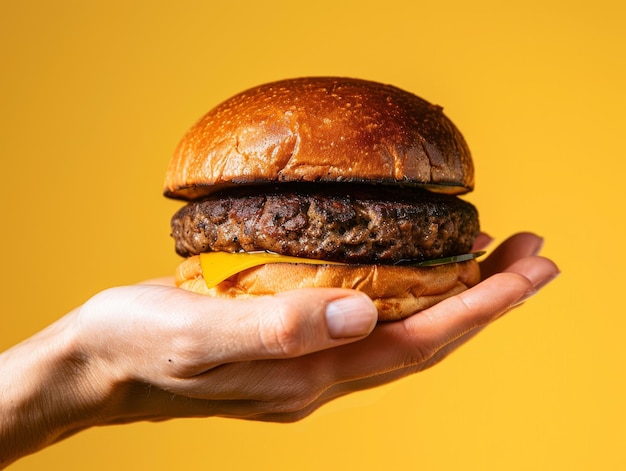 Photo a closeup of an hand holding out a hamburger against a yellow or red background with the burger39s