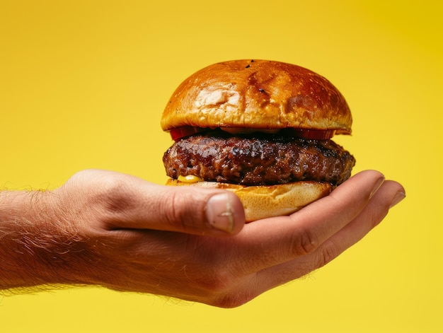 Photo a closeup of an hand holding out a hamburger against a yellow or red background with the burger39s