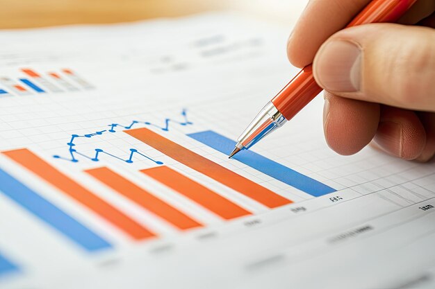 Photo a closeup of a hand holding a pen over a financial graph with colored bars and lines