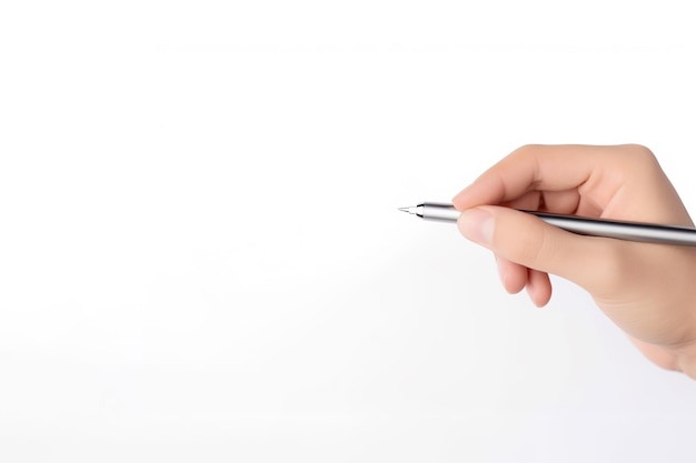 Closeup of hand holding a pen to write on white background