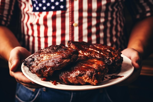 Closeup of a hand holding a plate of delicious bbq ribs independence day