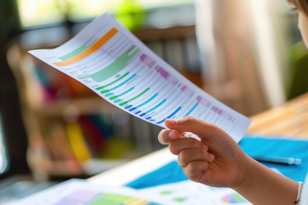 Photo a closeup of a hand holding a report card with good grades and positive comments from the teacher