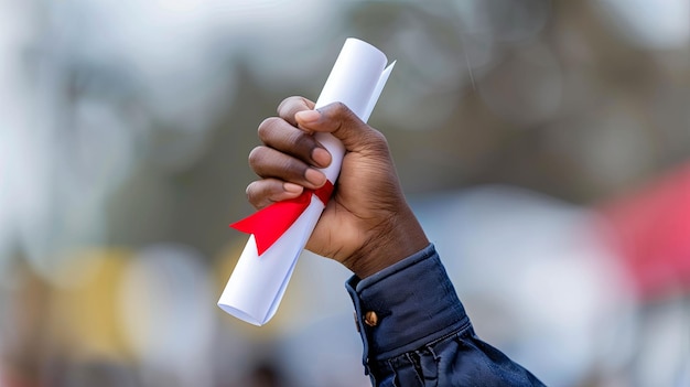 A CloseUp of a Hand Holding a RolledUp Diploma with a Red Ribbon